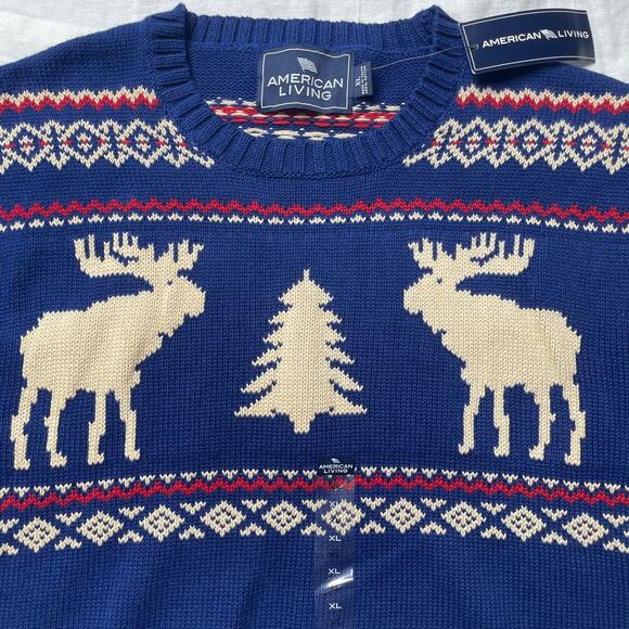 NWT American Living Blue Nordic Fair Isle Knit Sweater Men's XL Moose Cotton - Picture 3 of 6